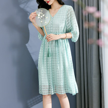 75001 V领系带千鸟格真丝收腰连衣裙