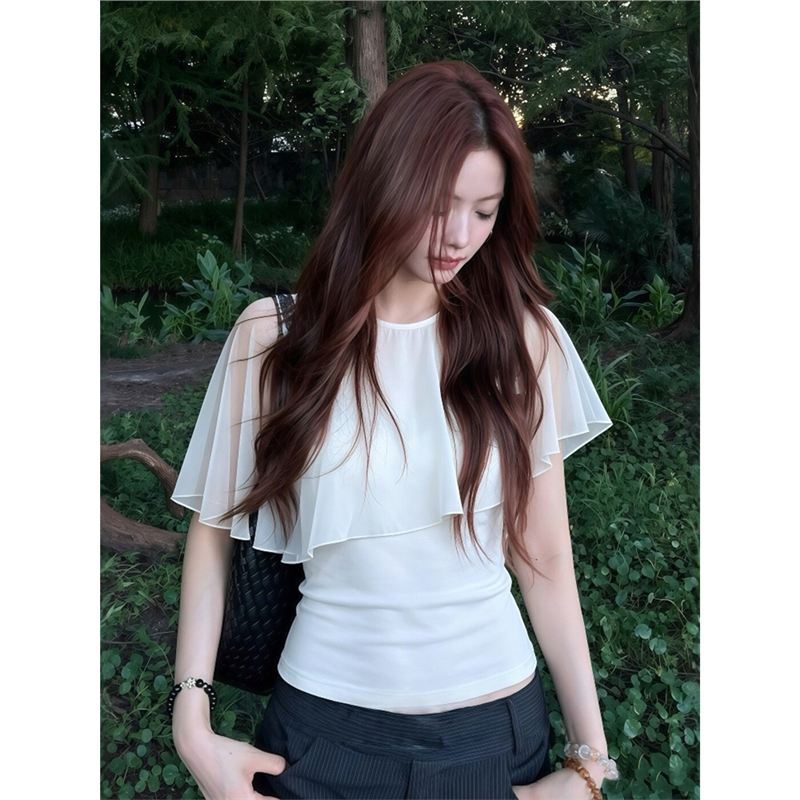 【1×1 260g Modal】Korean-style elegant cape chiffon short-sleeve t-shirt for women, summer round neck, slim fit 【1×1 260g Modal】Korean-style elegant cape chiffon short-sleeve t-shirt for women, summer round neck, slim fit
