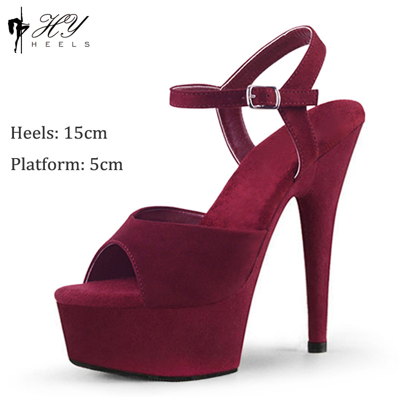 Sandal cao gót 15cm quai khóa phong cách dự tiệc thanh lịch — Đỏ mơ, Đen Đỏ, Đỏ rượu, Màu đen