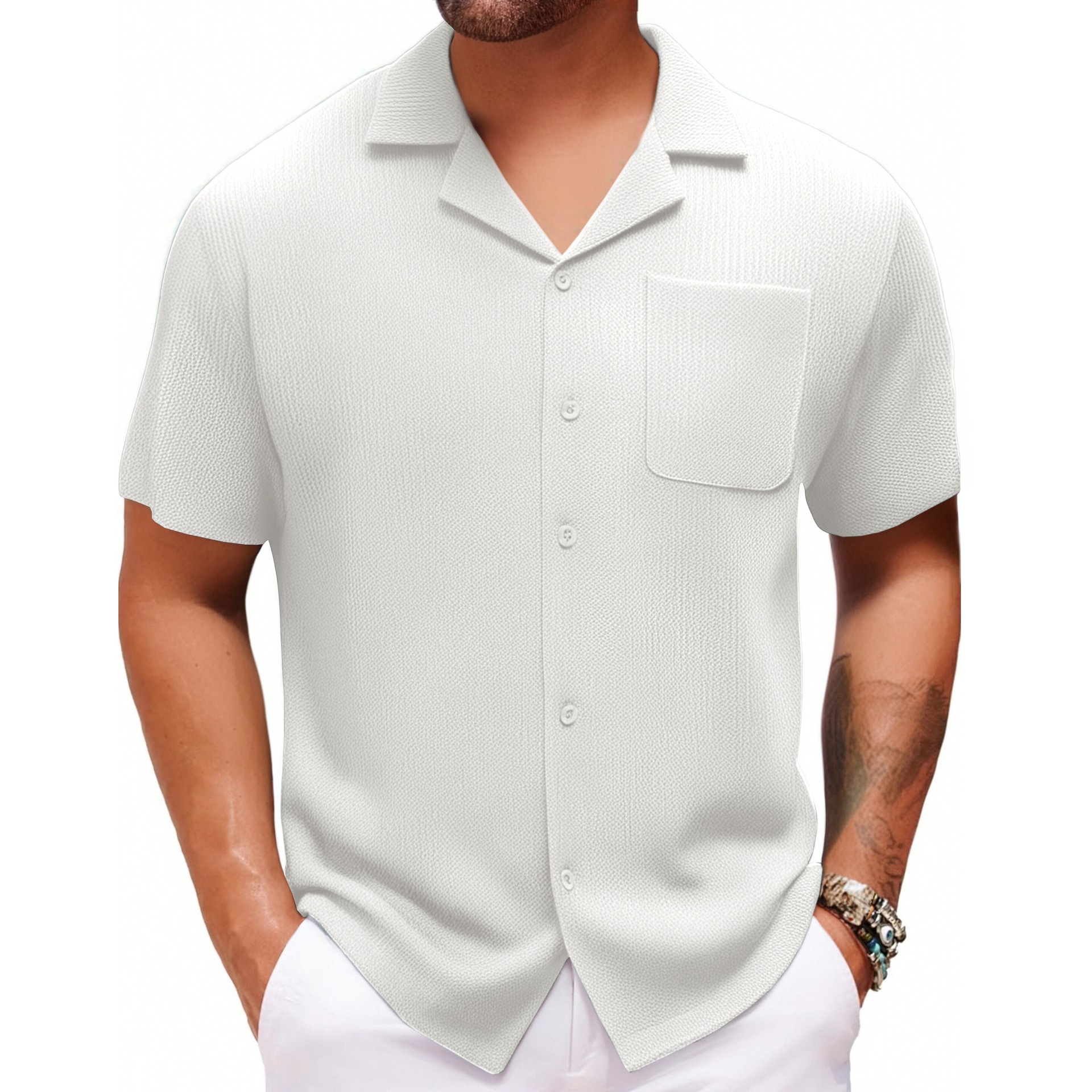 Cross-border foreign trade men's summer new Cuban collar short sleeve shirt holiday style solid color men's shirt A0305