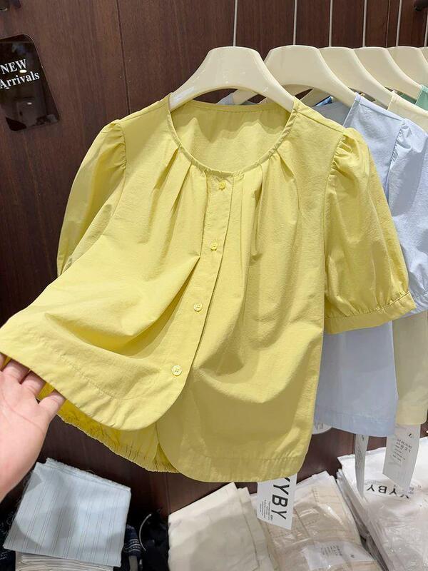 2026 Summer New Large Size Korean Style Sweet Round Neck Shirt for Women, Short-Sleeve Petite Blouse Trendy Top
