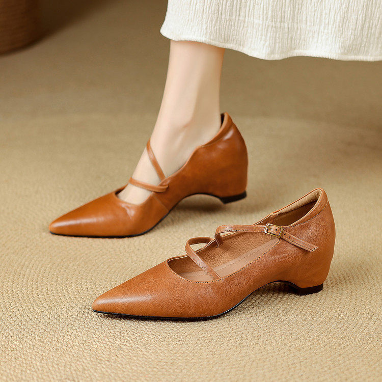 Cat Brother Handmade Women's Shoes ~ 6cm High Heel Retro Pointed Toe Mary Jane Shoes 2026 Spring and Autumn Soft Leather Height-Increasing Single Shoes