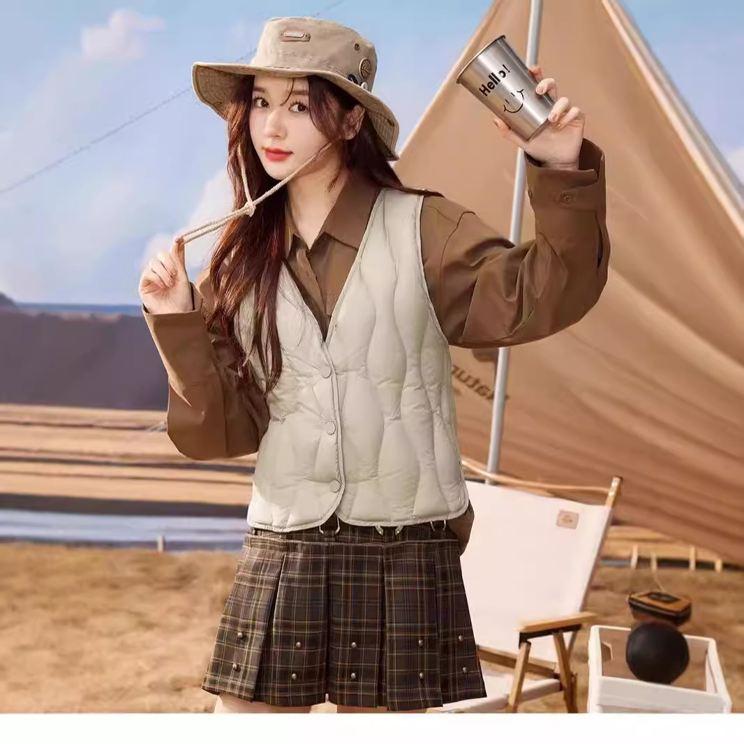 2024 새로운 가을 여성 V 넥 깃털 벨벳 조끼 조끼 내부 착용 다목적 따뜻한 레이어링 경량