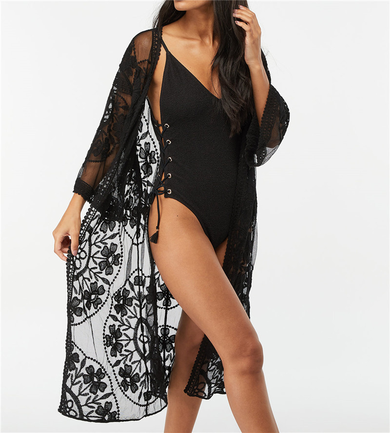 2023 primavera y verano europeo y americano suelta bordado malla blusa bikini blusa vacaciones playa cardigan transfronterizo mujeres