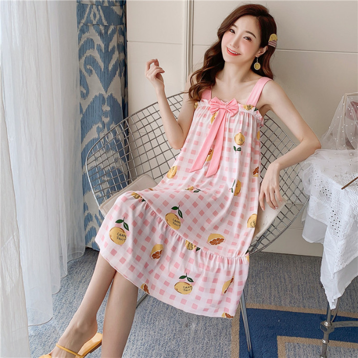 Comercio exterior 2023 correa de verano flojo camisón las mujeres largas dibujos animados arco dulce pijamas desgaste del hogar