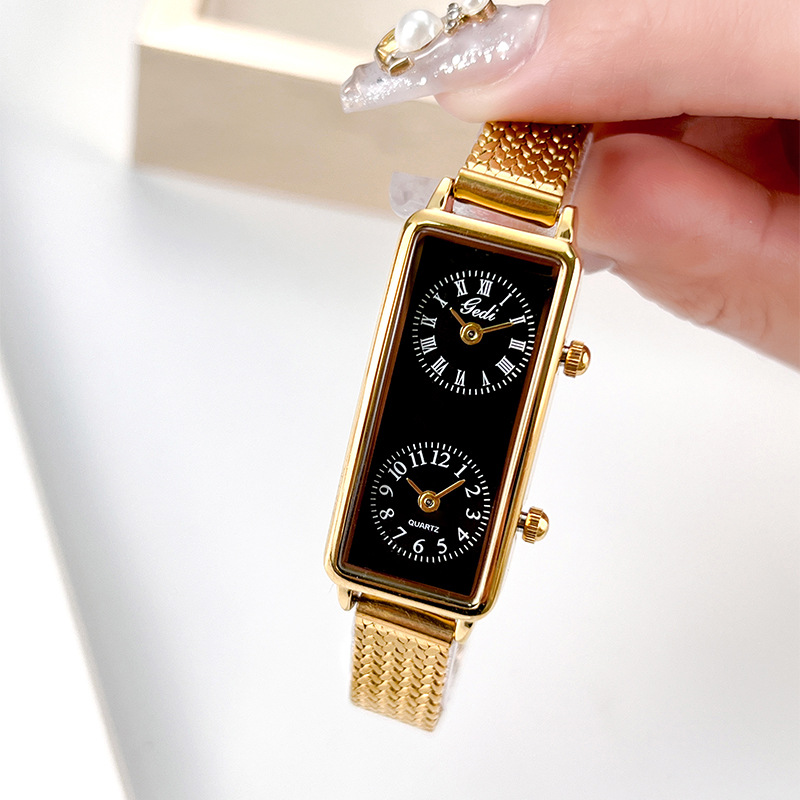 Goldie Creative Dual-Movement Watch Women's Retro Small Square Watch Women's Dual Time Zone Niche High-Level British Watch