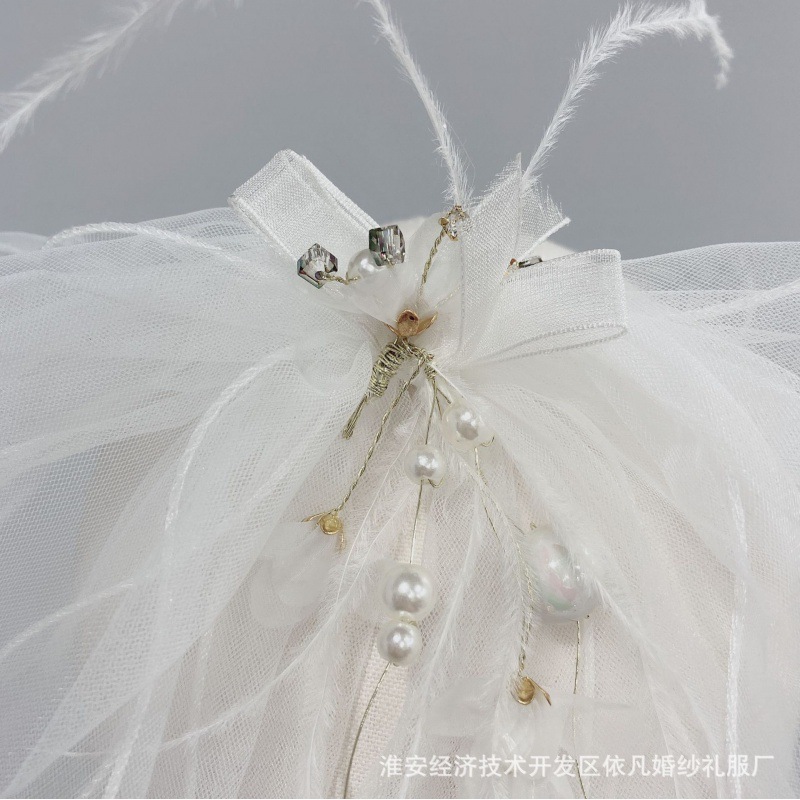 Tocado nupcial Super hadas malla pluma perla arco accesorios para el cabello velo corto Mori chica viaje fotografía accesorios de la boda