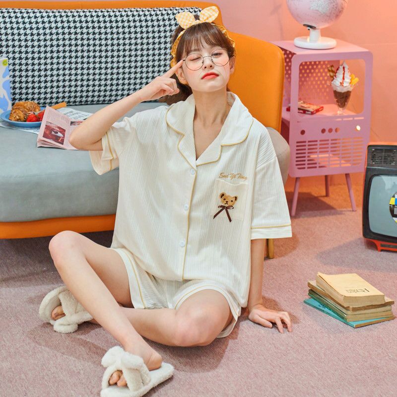 Pijamas de Mujer talla grande de algodón de estilo coreano traje de manga corta para el hogar 2021new verano dulce se puede usar afuera