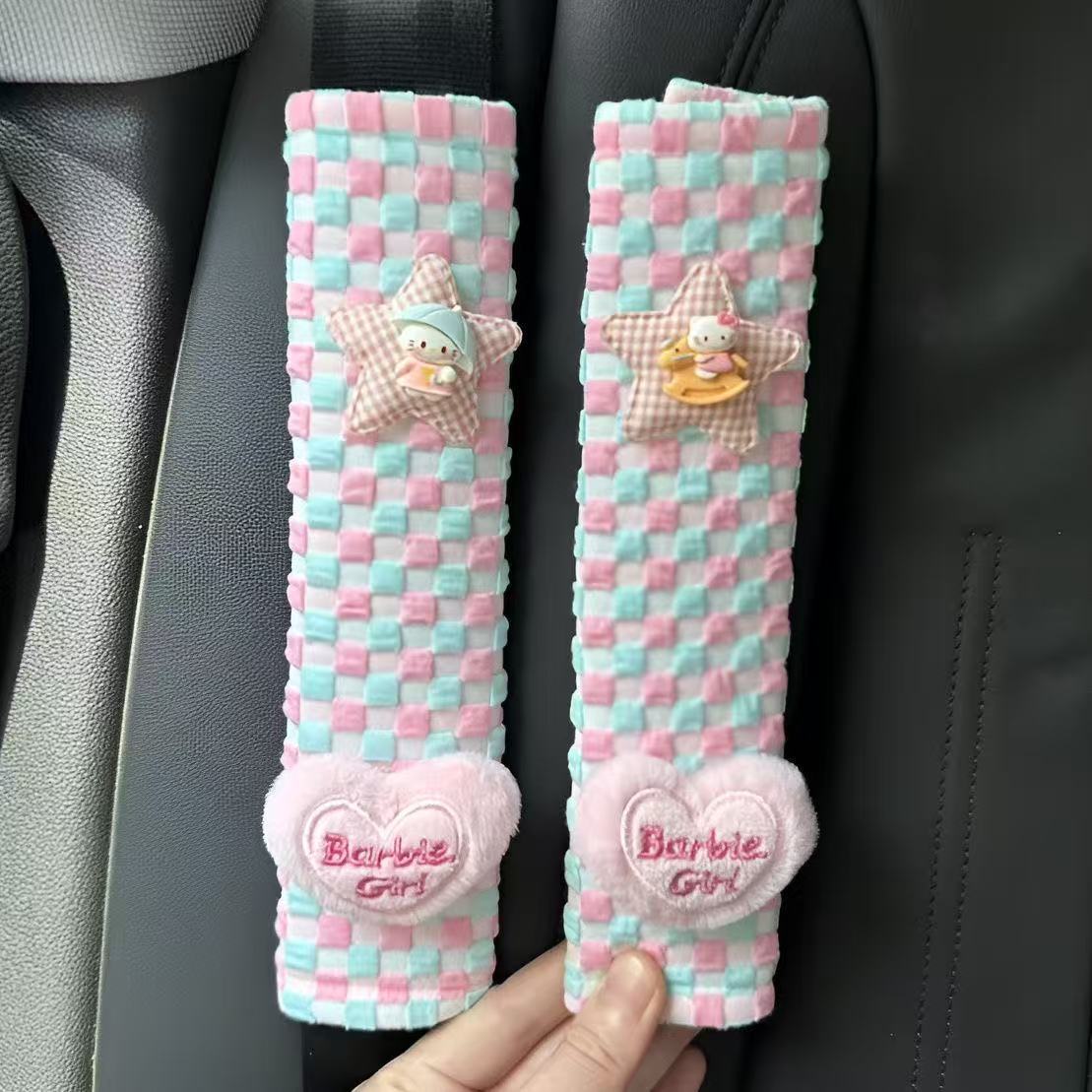Sweet Mini Hello Kitty Seatbelt Shoulder Pads Soft Bubble Plaid Dopamine Colorful Car Interior for Women