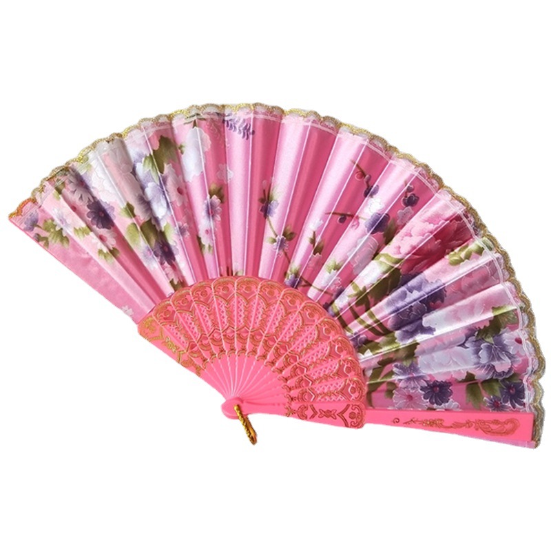 Hay en stock transfronterizo de plástico de hueso pequeño borde de encaje ventilador plegable ventilador de satén ventilador de la danza 8 colores opcionales