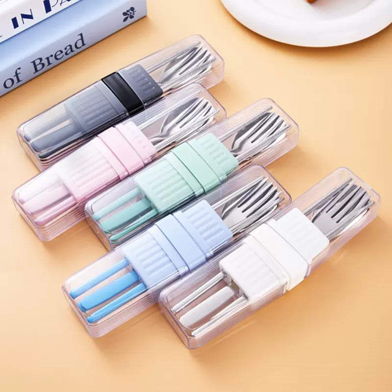 跨境代发不锈钢便携餐具筷子勺叉三件套学生旅行叉勺筷防尘收纳盒