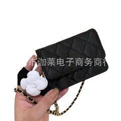 凹型スモールバッグ カメリアリボン ショルダーストラップ チェーン ブラックサテン ミニスモールショルダーバッグ ギフトボックス付き