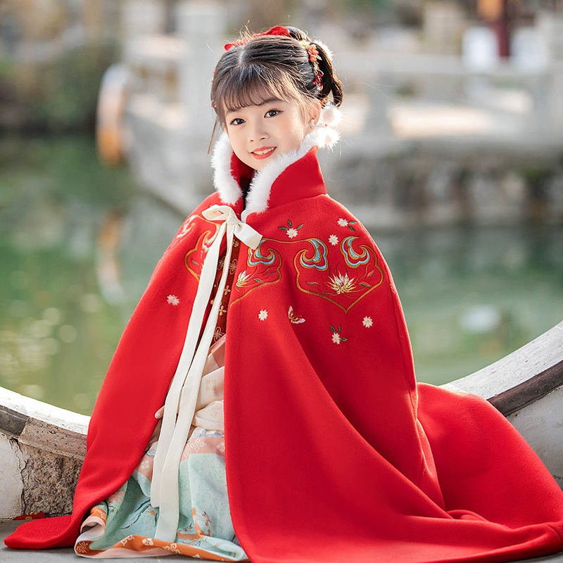 Плащ ханьфу для девочек, детский плащ, утолщенный старинный костюм в китайском стиле, теплое пальто на флисовой подкладке, новогодний плащ для маленьких девочек