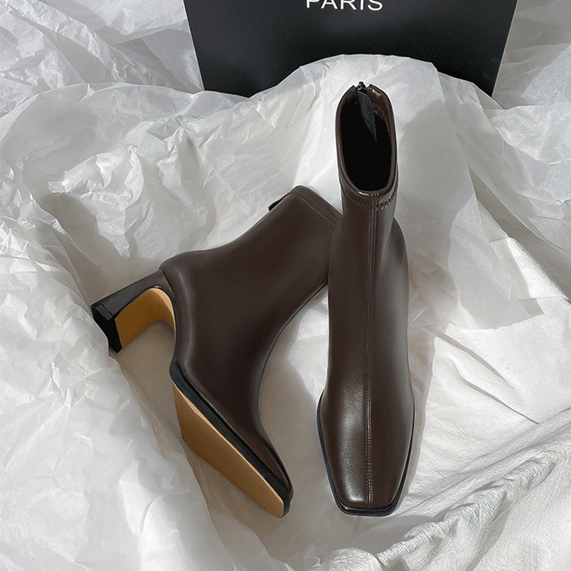 Brown Short Boots for Women with High Heels, Autumn and Winter New Style, Velvet Thick Heels, French Ankle Boots, Rear Zipper, Elastic Square Toe Slim Boots