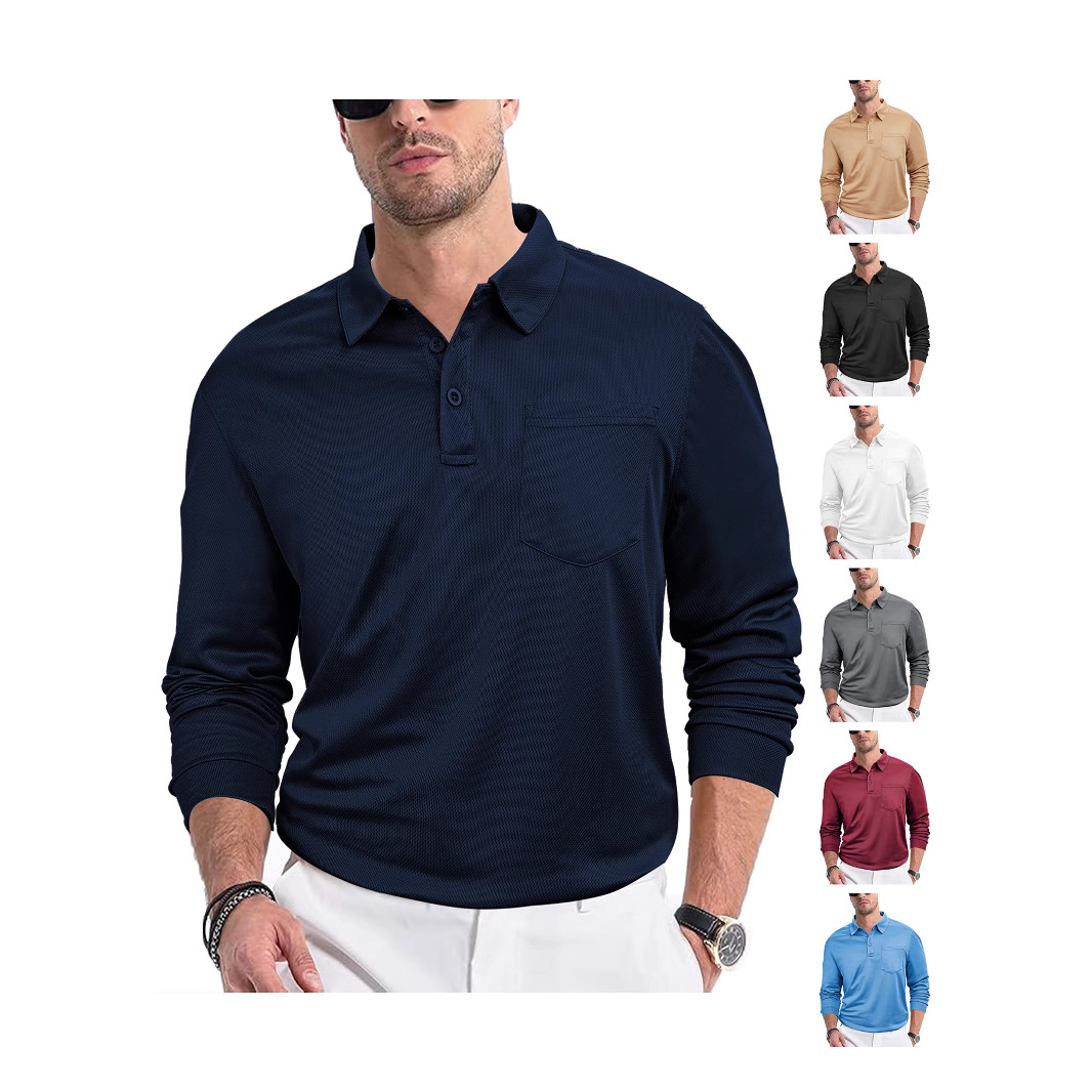 Transfronterizo Europa y América ropa de hombre casual botones sueltos collar de tela de malla de manga larga de color sólido camisa polo de hombre