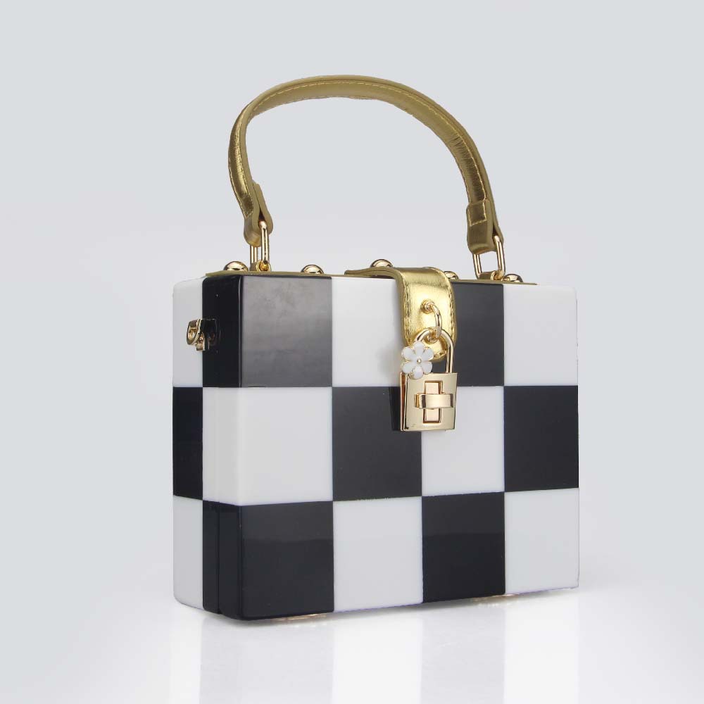 Trendy Korean-Inspired Checkerboard Acrylic Box Bag – Versatile Shoulder & Crossbody Clutch With Lock Closure_voghion.com