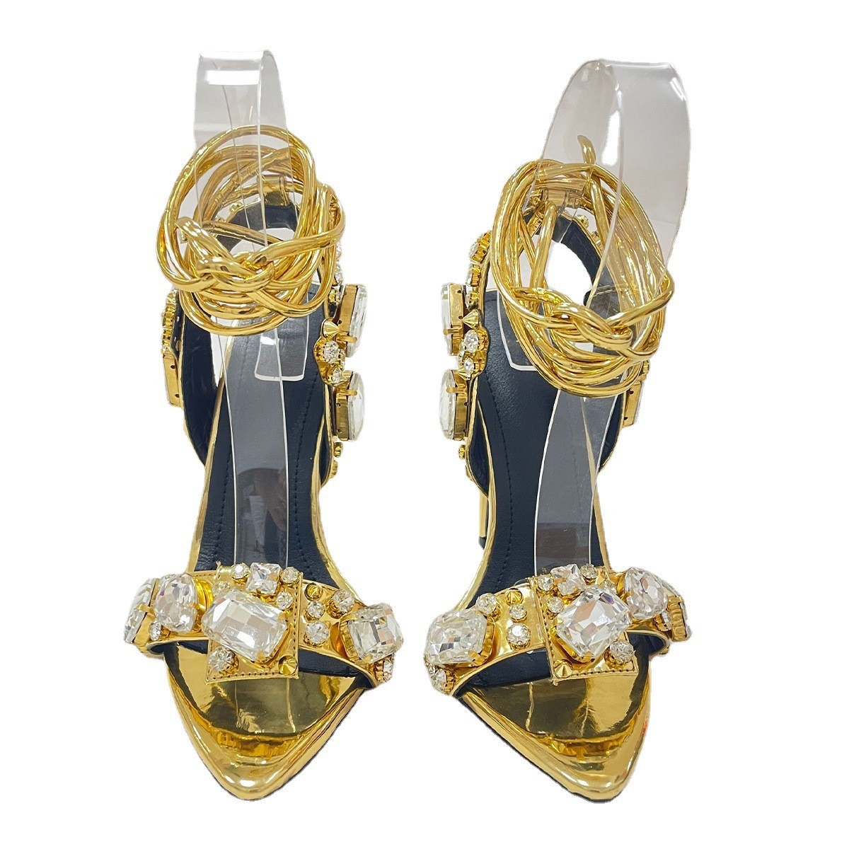 Zapatos de mujer europeos y americanos con sandalias de tacón alto para mujer verano 2023 nueva sexy correa cruzada rhinestone sandalias de Punta abierta mujeres