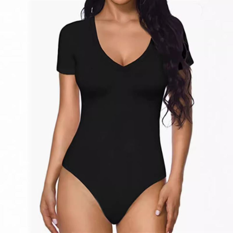 Cross-Border Export 2025 Amazon Aliexpress Wish European and American Short-Sleeved V Neck Pure Color Slim Fit Versatile Jumpsuit Cross-Border Export 2025 Amazon Aliexpress Wish European and American Short-Sleeved V Neck Pure Color Slim Fit Versatile Jumpsuit
