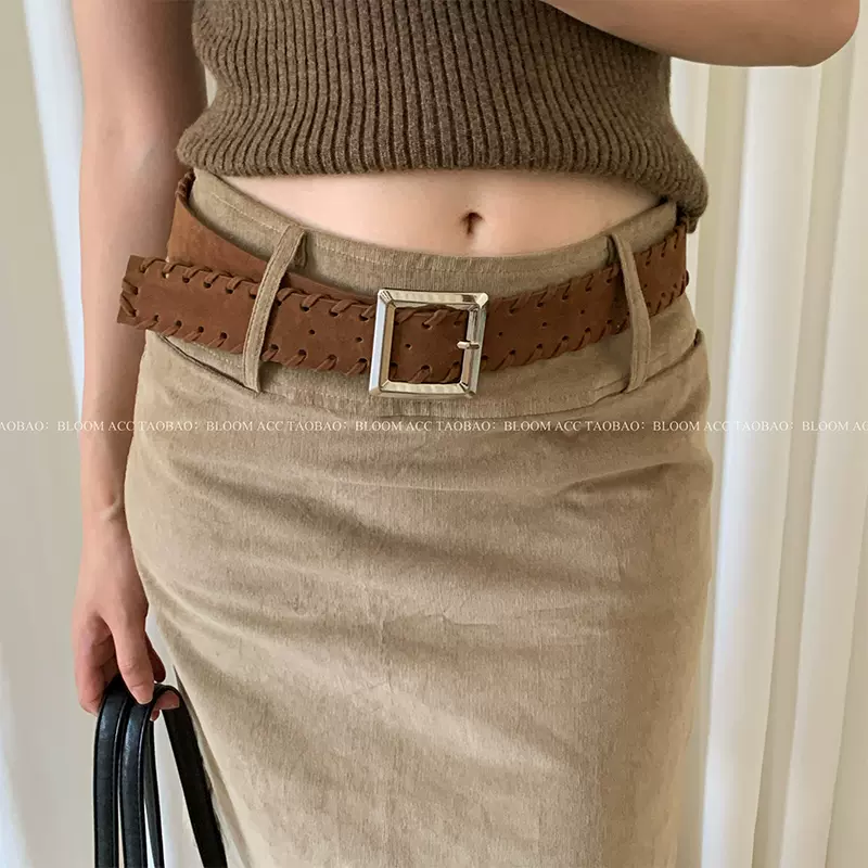 秋冬复古焦糖色磨砂绒腰带小众个性缉线宽边皮带裤带腰间装饰带