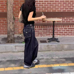 梵思羽2025秋季新款丹宁蓝调节扣工装裤慵懒宽松阔腿卷边牛仔裤女
