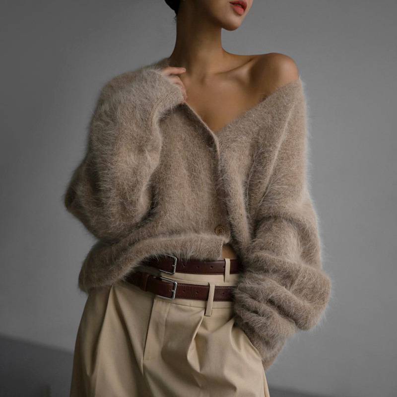 Cross-border imitation mink wool knitted sweater cardigan European and American 2025 autumn and winter lazy loose long sleeve V-neck sweater coat for women