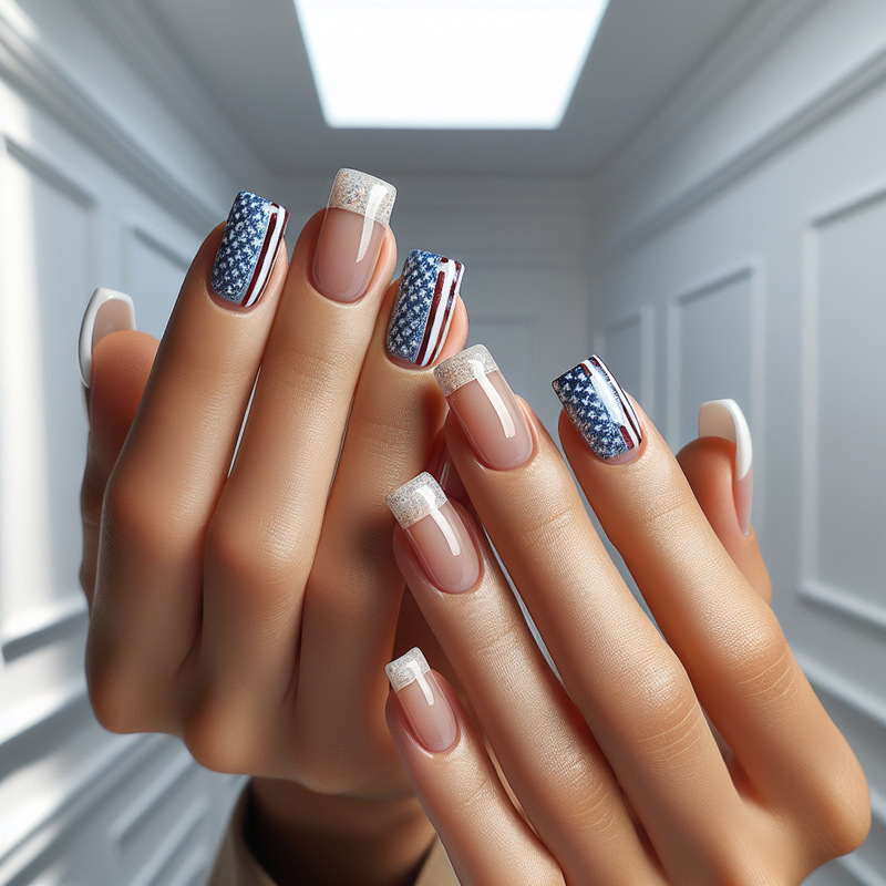 High-grade gray glitter French Chinese American flag design Independence Day wear nail art nail patch foreign trade nails High-grade gray glitter French Chinese American flag design Independence Day wear nail art nail patch foreign trade nails