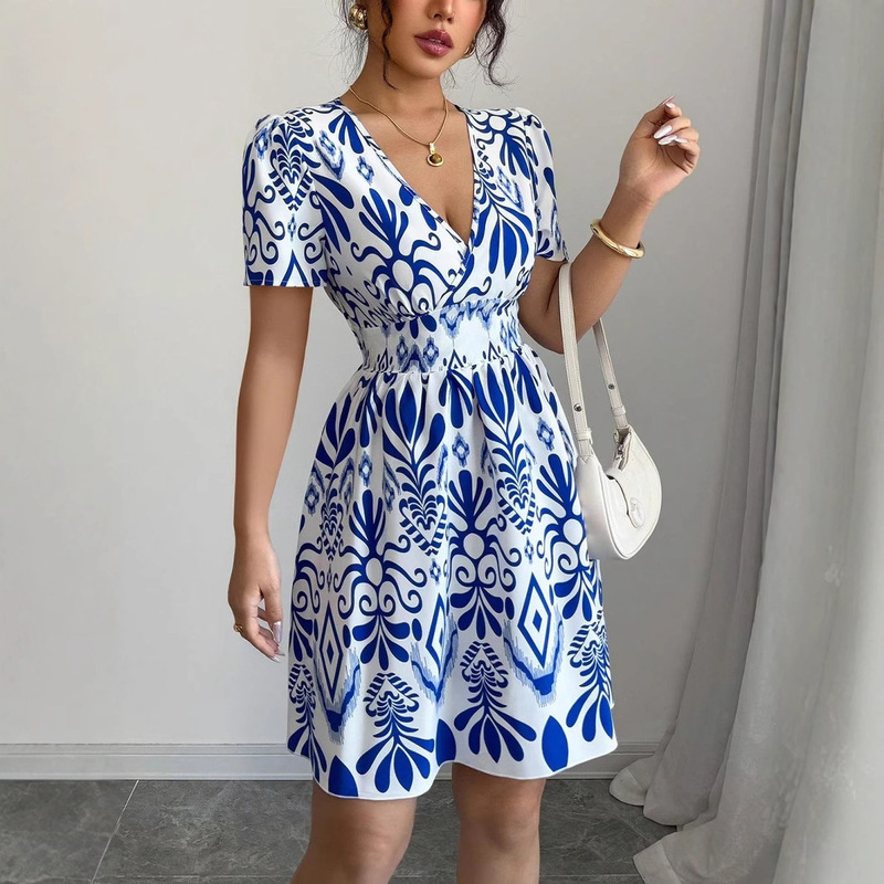 2025 European and American Cross-Border Women's Summer New High-Elastic Waist Puffy Dress V Neck Sexy Plump Printed Skirt