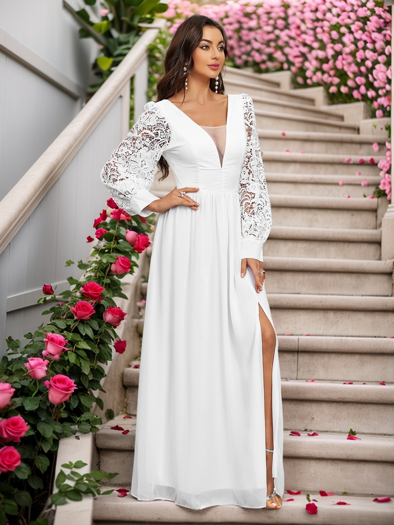 Comercio exterior de mujer transfronteriza 2025 nuevo estilo de manga larga con cuello en V encaje gasa sin espalda boda vestido de dama de honor banquete