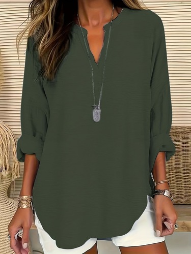 Vibrant Solid Color Notch Neck Blouse Stylish Casual Long