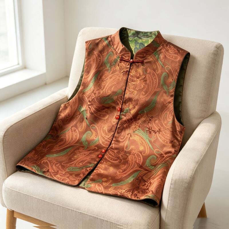 Áo gile không tay dệt jacquard họa tiết nổi, dáng rộng, mặc được hai mặt, dài áo 50–65 cm — Lá phong thu + lá vàng thu, mặc được hai mặt, Lá phong đỏ + lá phong thu, mặc được hai mặt, Lá vàng mùa thu + lá phong đỏ, mặc được hai mặt, Đỏ rực + Xanh ô liu, mặc được hai mặt