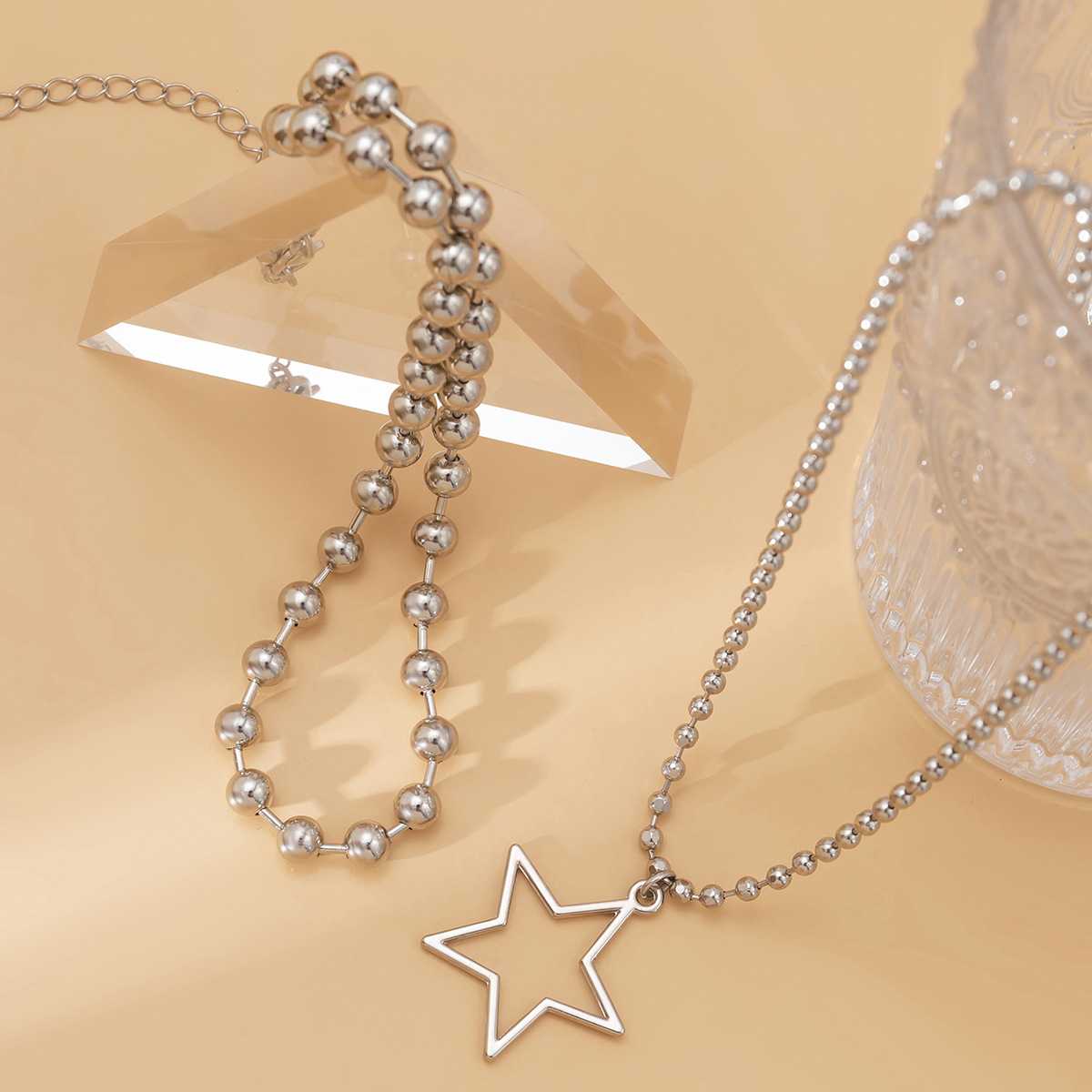 欧美跨境饰品 甜酷金属圆珠叠戴项饰 朋克星形镂空小众简约项链女