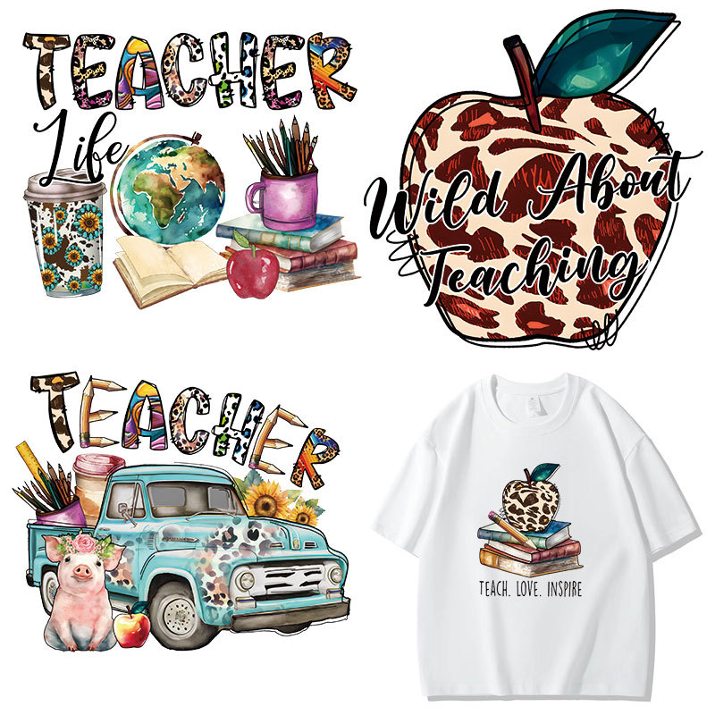 跨境老师节烫画图案 烫印logo衣服贴过粉胶印耐水洗烫图印花现货