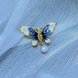 诸暨天然淡水珍珠珐琅工艺彩色蝴蝶珍珠胸针高级感新中式国风配饰