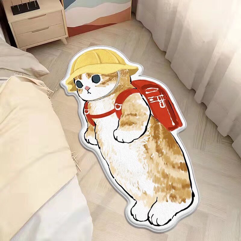 漫画の寝室のじゅうたんの猫はカシミヤの異形のベッドのへりのじゅうたんのかわいい少女のベッドの尾のじゅうたんの家庭用の窓のマットをまねます。|undefined