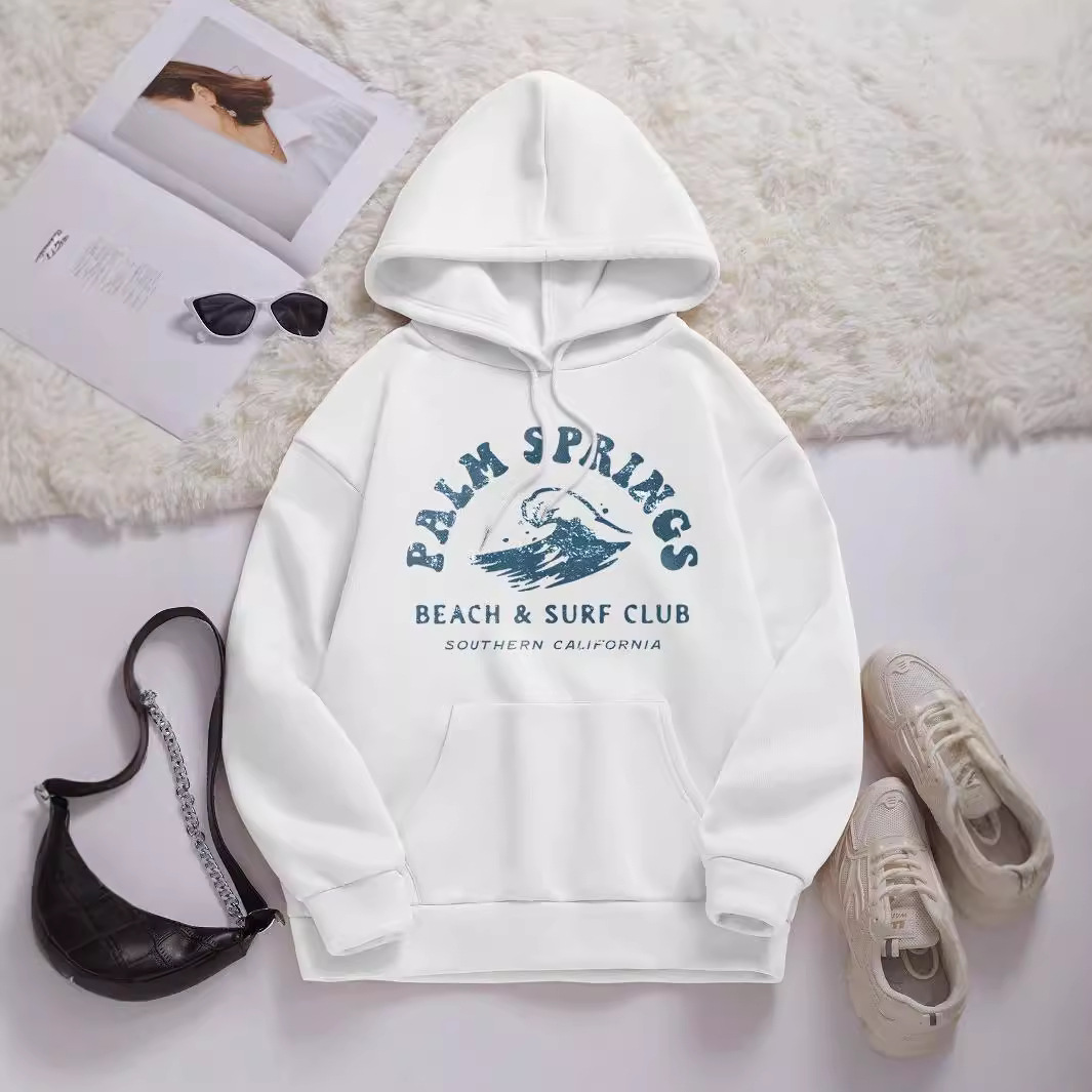 Felpa con cappuccio da donna con coulisse, tasche, motivo a onde e stampa di lettere, stile casual, manica lunga_voghion.com