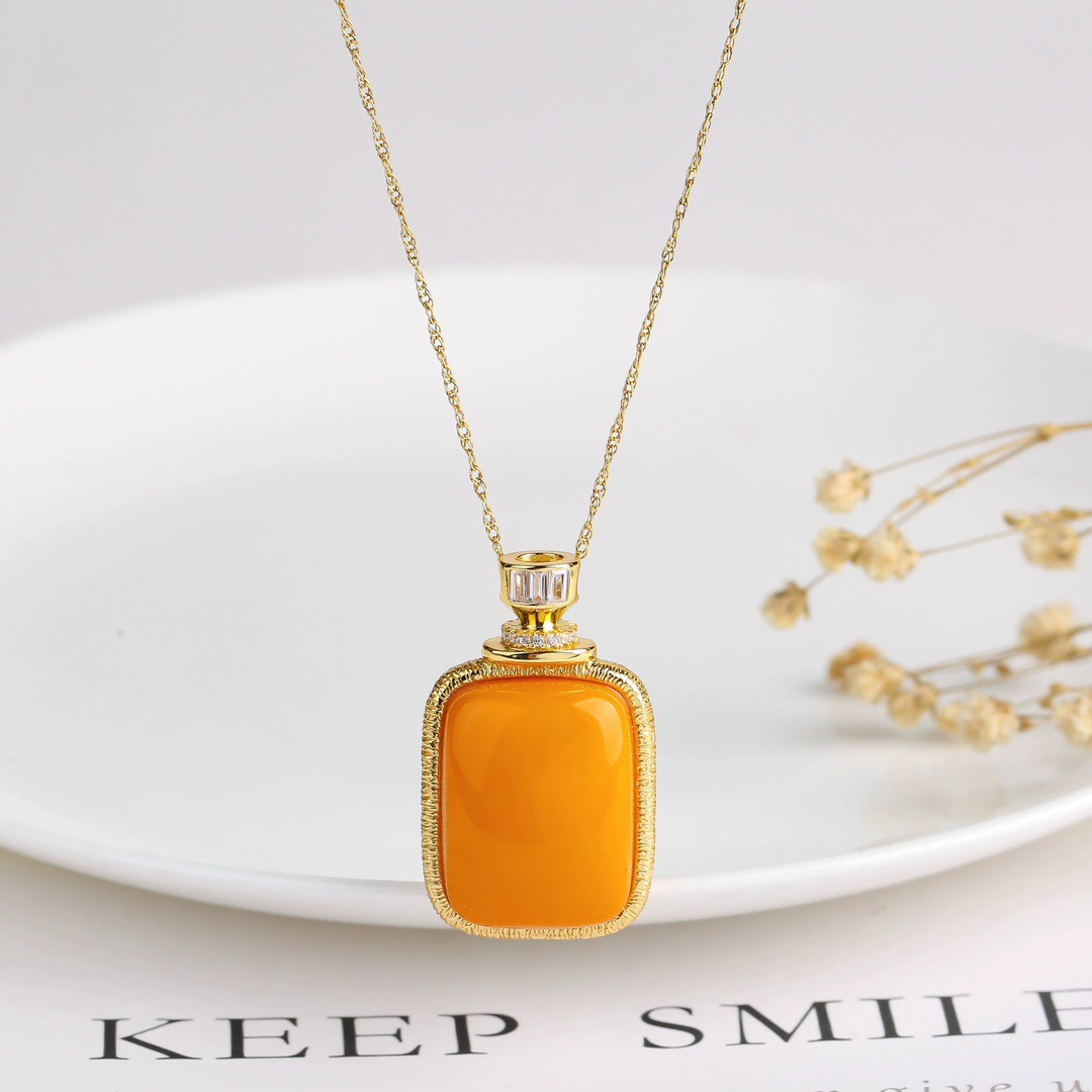 Подвеска из стерлингового серебра S925, старый пчелиный воск, янтарь, простой матовый флакон духов в китайском стиле, квадратная подвеска
