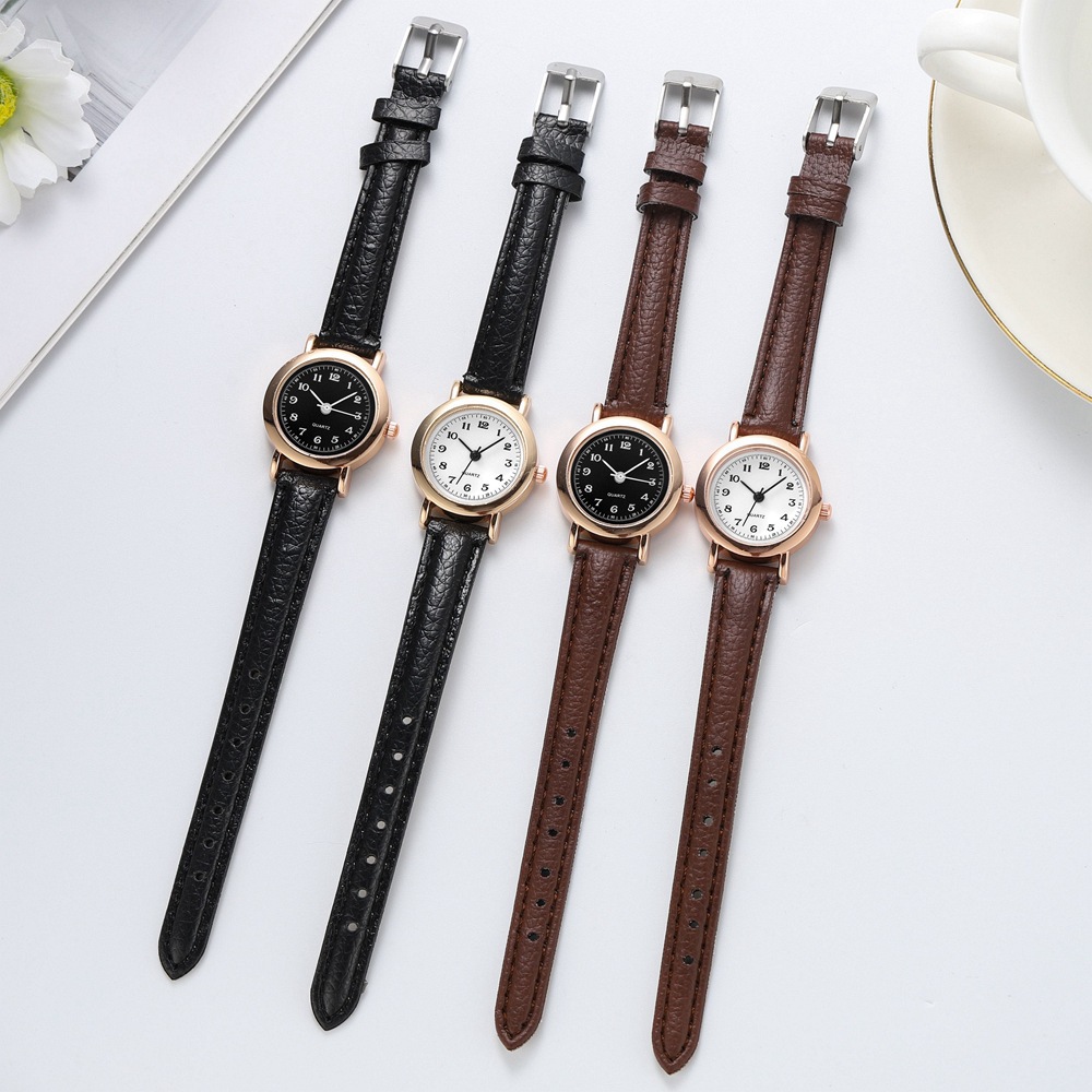 Japanese Popular Style Leather Strap Small Round Watch Retro Fashion Women's Wristwatch Thin Strap Small Dial Digital Women's Watch Wholesale