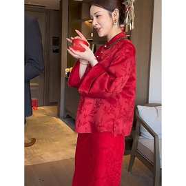新中式红色竹节印花上衣半身裙两件秋冬小个子订婚新娘敬酒服2689