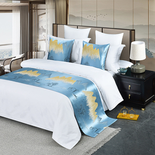 New Chinese-Style Hotel Guesthouse Inn Bedspread Decorative Green Bed End Towel Blue Landscape Painting Light Luxury Bed