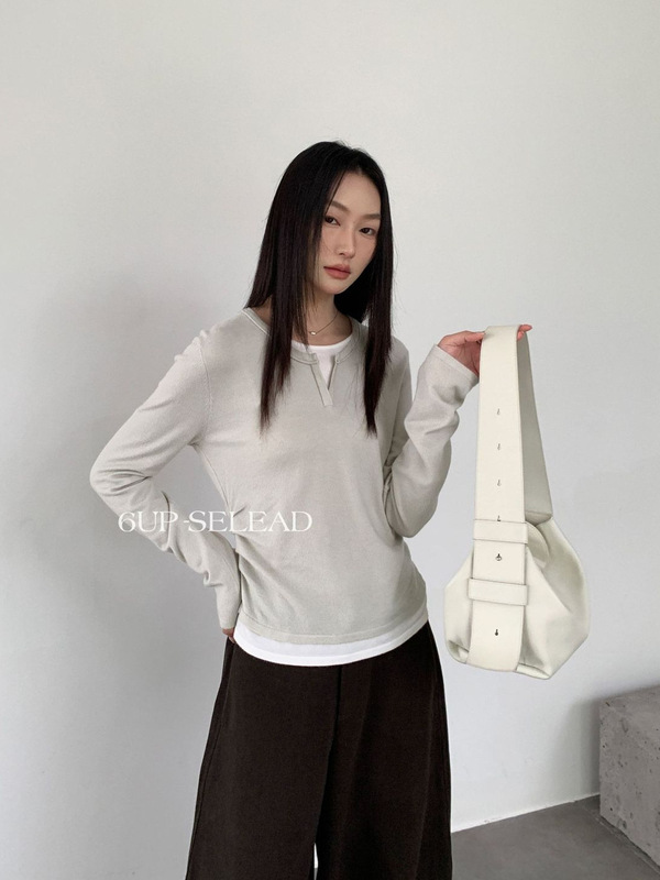 6UP秋韩系假两件撞色收腰毛衣女2025广州13行新款极简针织衫50066|undefined