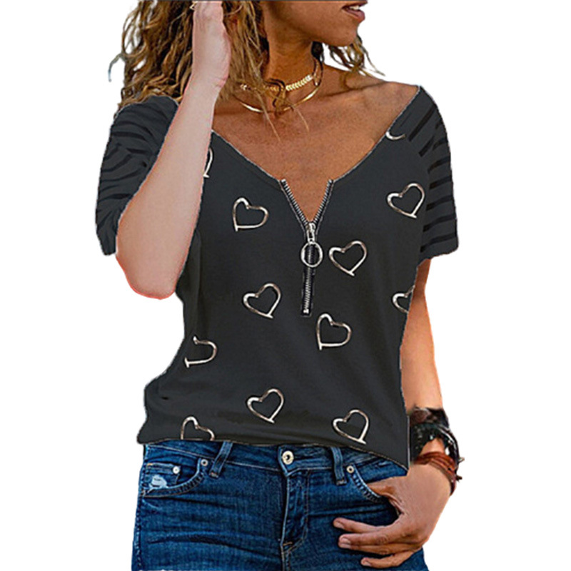 Love Print Loose V-Neck Zipper T-Shirt NSLZ59390