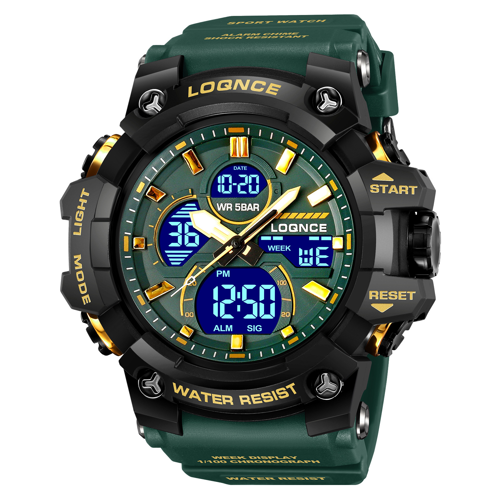 LOQNCE gran dial reloj deportivo nocturno electrónico multifunción cronógrafo cinta adhesiva reloj de pulsera 98007