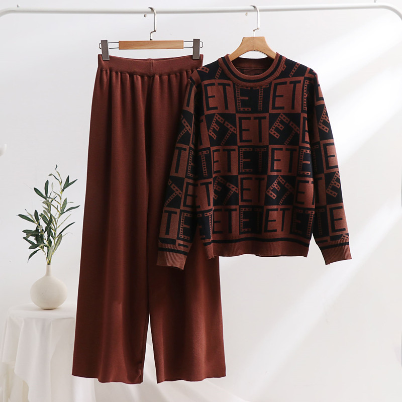 Women's Knitted Two Piece Sweater And Wide Leg Pants Set_voghion.com