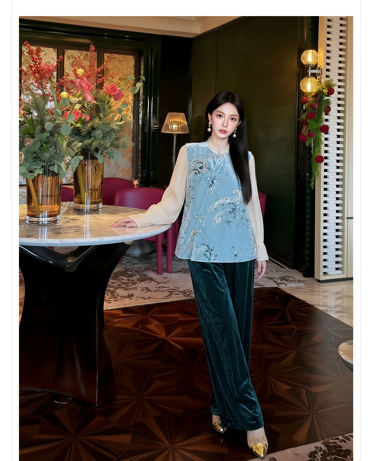 Áo gile cổ lọ nữ phong cách Trung Hoa mới, thêu đính cườm họa tiết nổi bật — xanh lam chi tiết 2