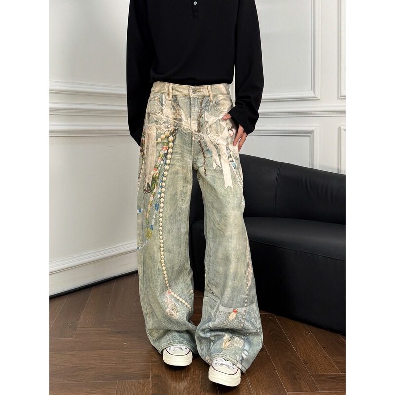 American Ac Style 1981m Pearl Lace Jeans Trendy Street Style Straight Loose Casual Pants Unisex American Ac Style 1981m Pearl Lace Jeans Trendy Street Style Straight Loose Casual Pants Unisex