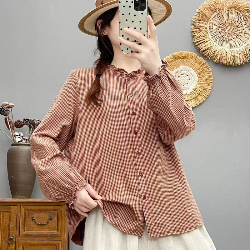 2025 Autumn Plaid Shirt Long Sleeve Wood Ear Lace Collar Loose Casual Korean Shirt Top New Shirt