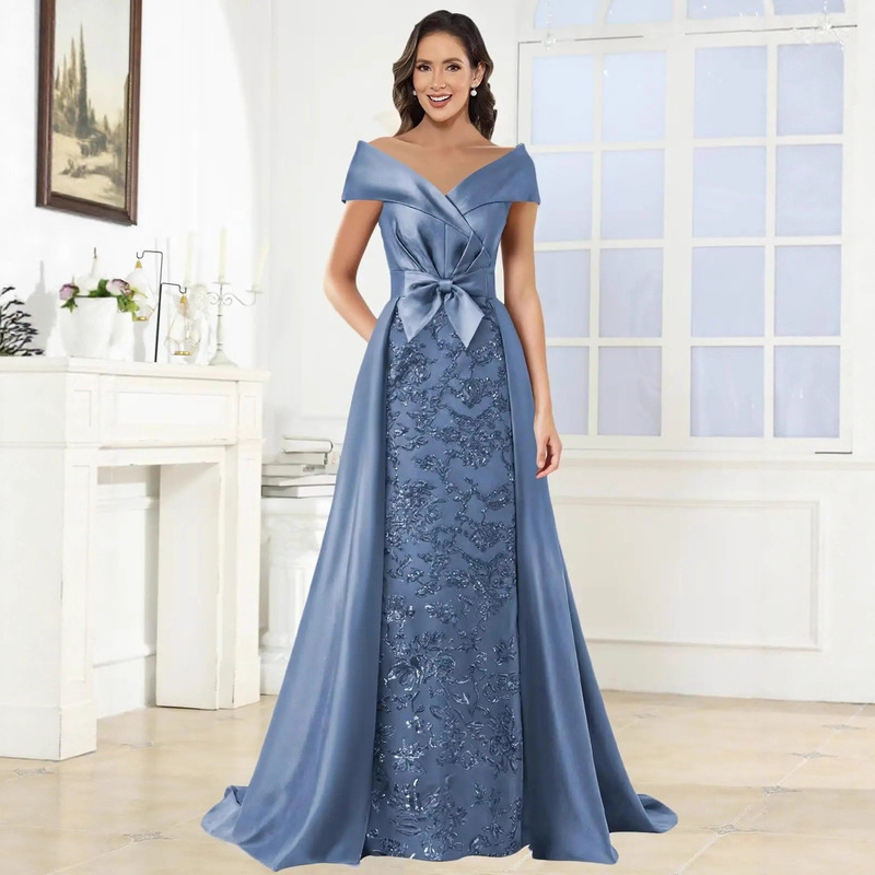 Evening Dress 2026 New Style Plus Size Sequined One-Shoulder Short-Sleeve Evening Gown for Mothers with Bow for Adult Ceremony