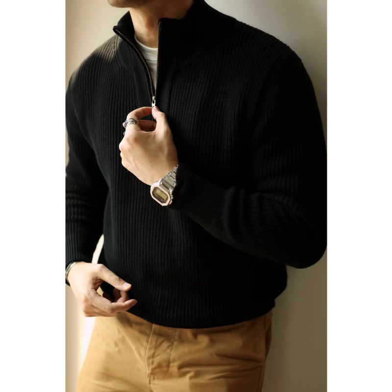 Half Zip Stand Up Collar Sweater, Men's Autumn And Winter Knitted Sweater, Thread Sweater, Hoodie Trend_voghion.com