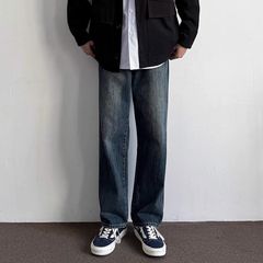 アメリカのレトロな水色のジーパンの男性の秋冬のcleanfitズボンのカジュアルな百合の青い牛のまっすぐな筒の広い足のズボン