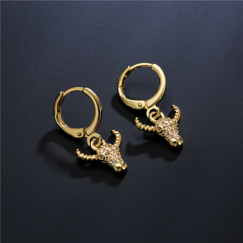 Copper Material Geometric Pattern Fashion Copper Plated Gold Micro-inlaid Zircon Bull Head Earrings